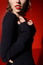 Load image into Gallery viewer, Claudia 100% Loro Piana cashmere open back sweater with silk ribbons - black