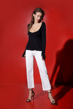 Load image into Gallery viewer, Claudia 100% Loro Piana cashmere open back sweater with silk ribbons - black