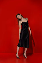 Load image into Gallery viewer, Birkin bias-cut silk dress with bows - coal