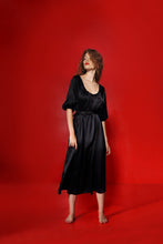 Load image into Gallery viewer, Aphrodite draped silk dress with a silk belt - coal