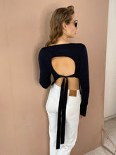 Load image into Gallery viewer, Claudia 100% Loro Piana cashmere open back sweater with silk ribbons - black