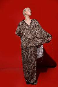 Silk/cotton wide leg trousers-leopard print