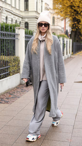Alpaca maxi oversized coat with silk lining and belt-grey