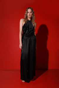 Silk wide leg trousers-black