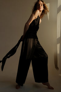 Silk wide leg trousers-black