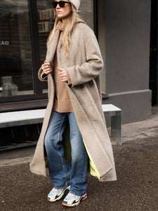 Alpaca maxi oversized coat with silk lining and belt-sand