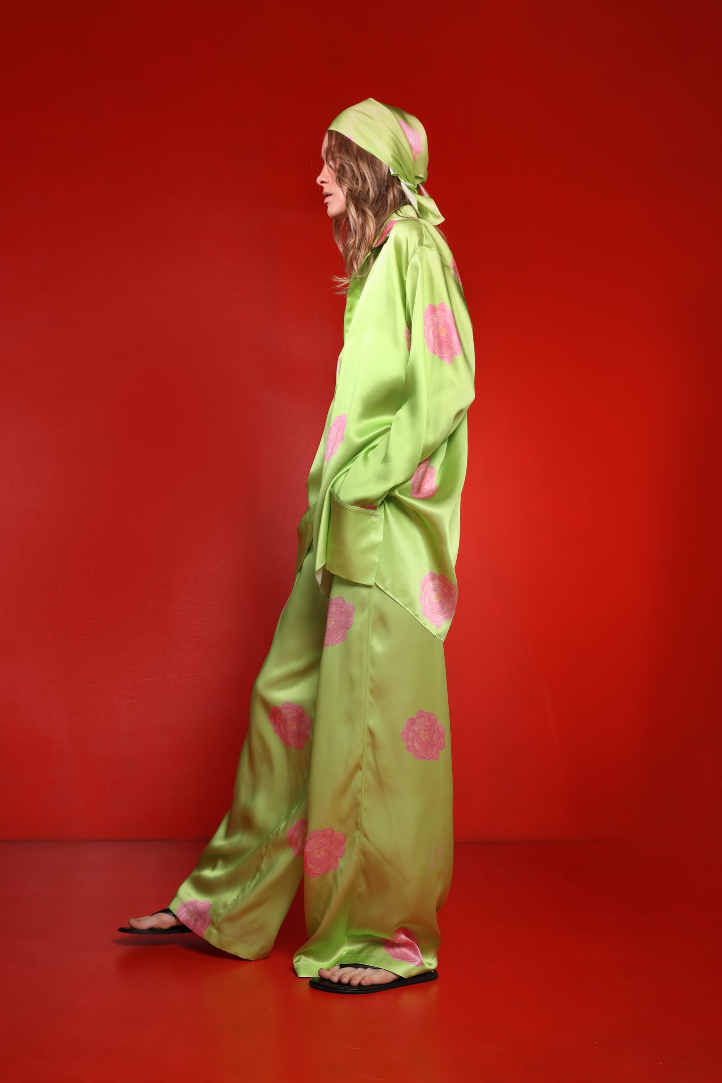 Blossom silk wide leg trousers - lime