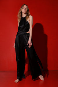 Silk wide leg trousers-black